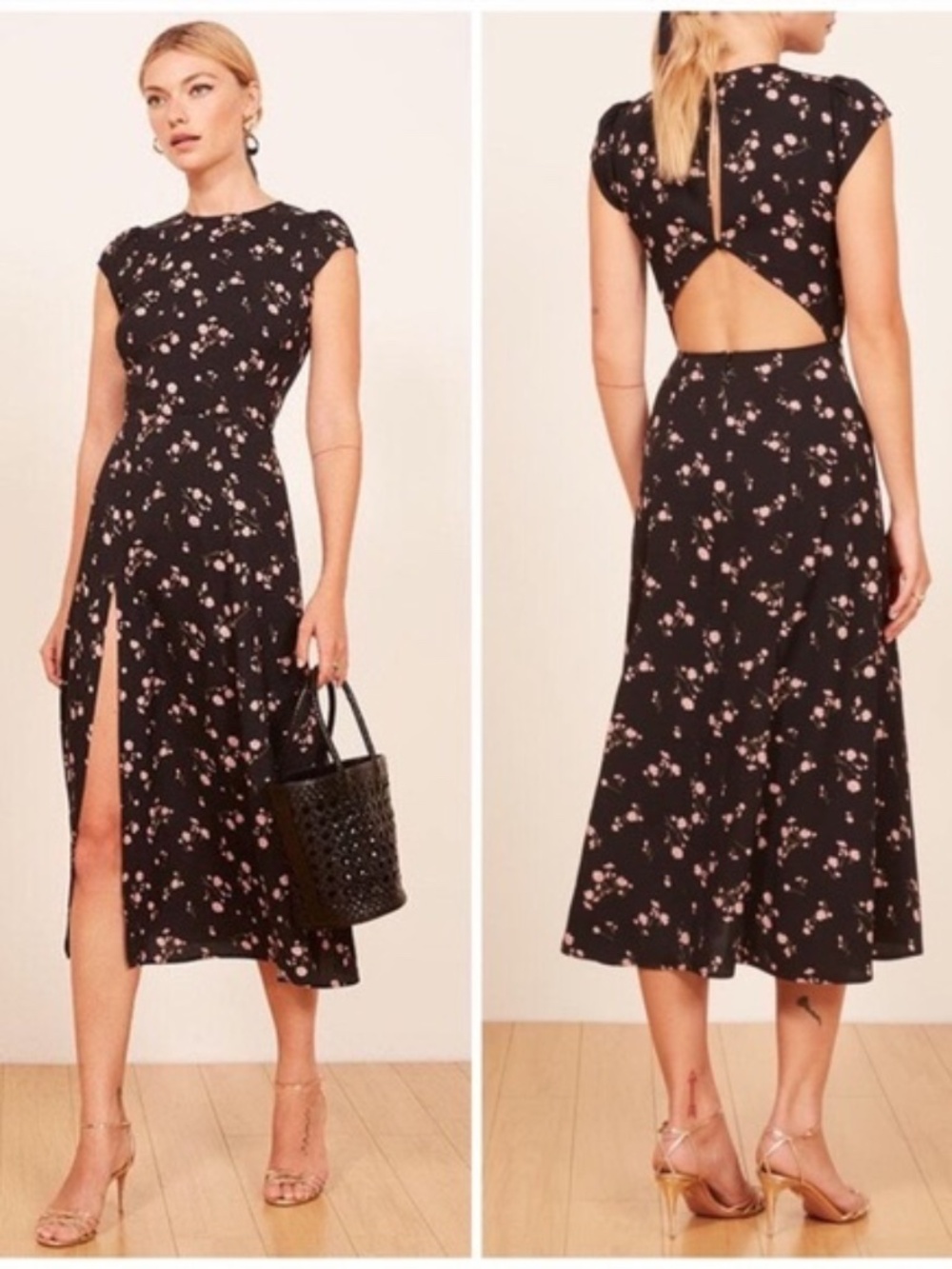Reformation Gavin Dress Black with pink floral print size 12